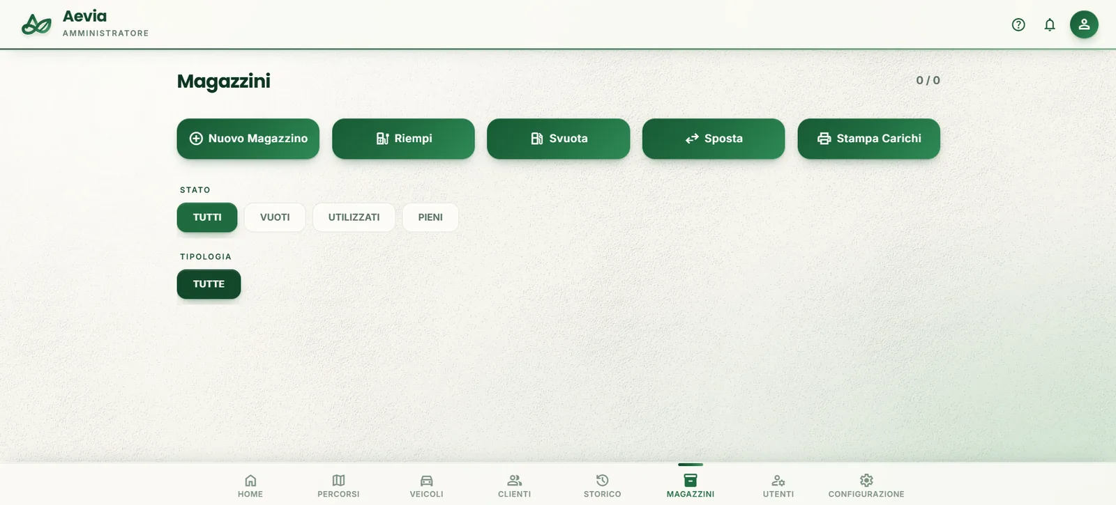 Dashboard della piattaforma Aevia